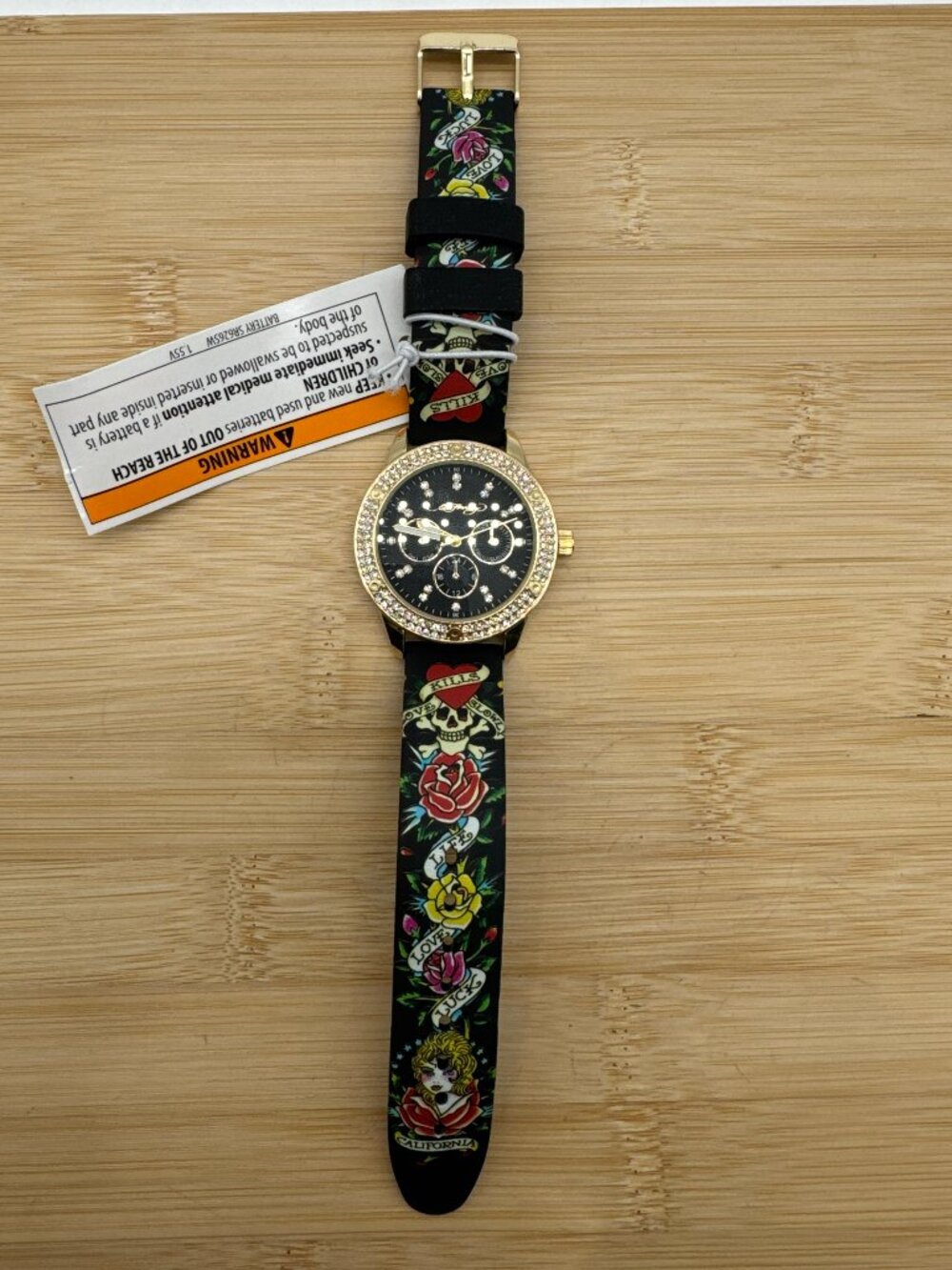 Ed Hardy Women's Gold Tone Crystal Bezel Black Dial Tattoo Heart Strap Watch